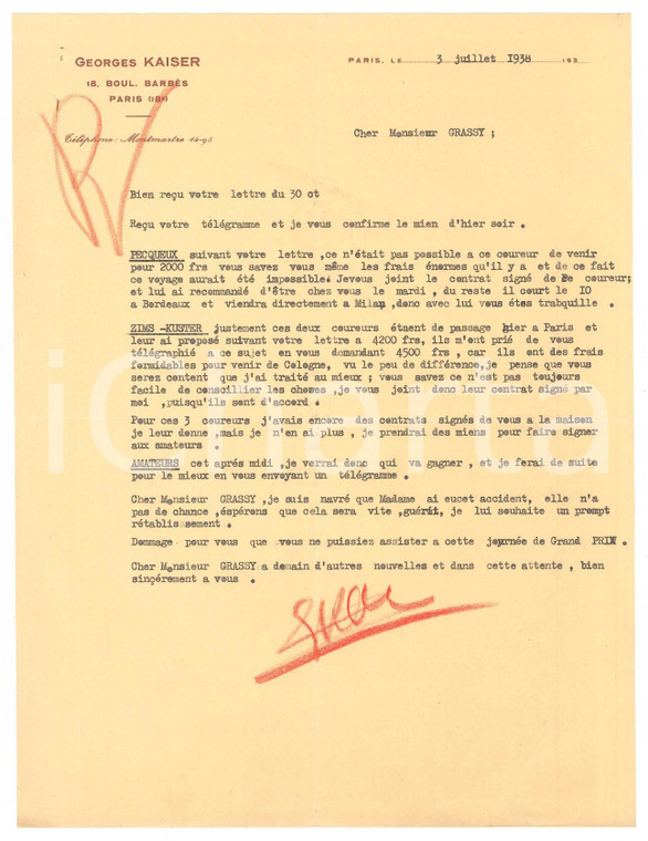 1938 PARIS CICLISMO Lettera Georges KAISER su PECQUEUX ZIMS KUSTER *Autografo