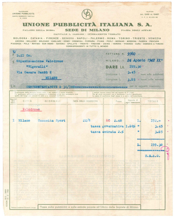 1942 MILANO Unione Pubblicità Italiana - Fattura per inserzioni gare CICLISMO