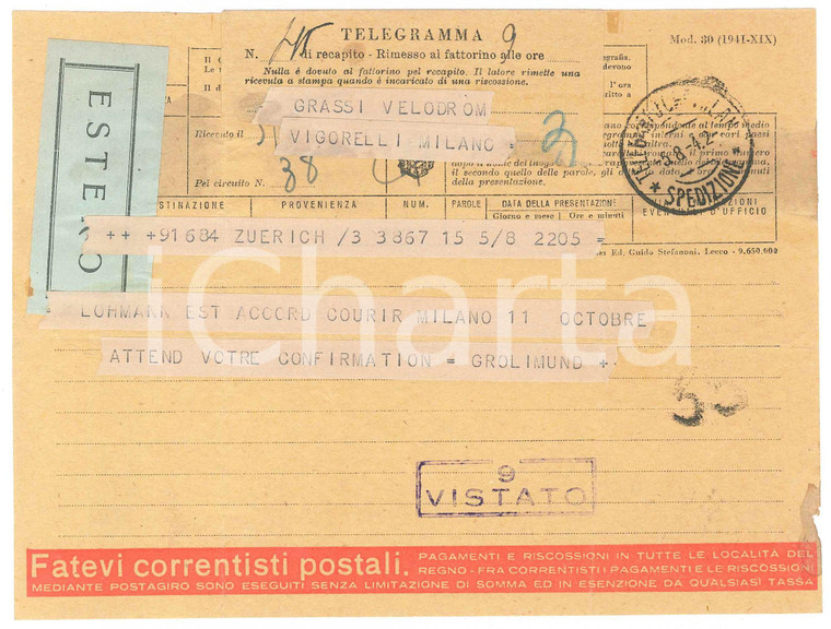 1942 CICLISMO - ZURICH - Telegramma Alphonse GROLIMUND per gara a Milano
