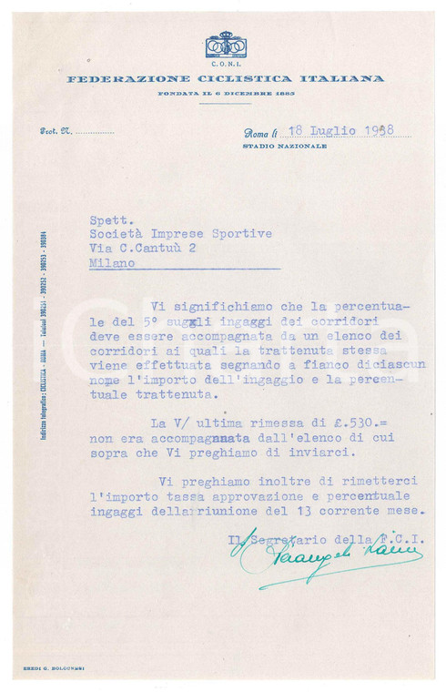 1938 CICLISMO ROMA CONI Federazione Ciclistica Italiana - Lettera per ingaggi