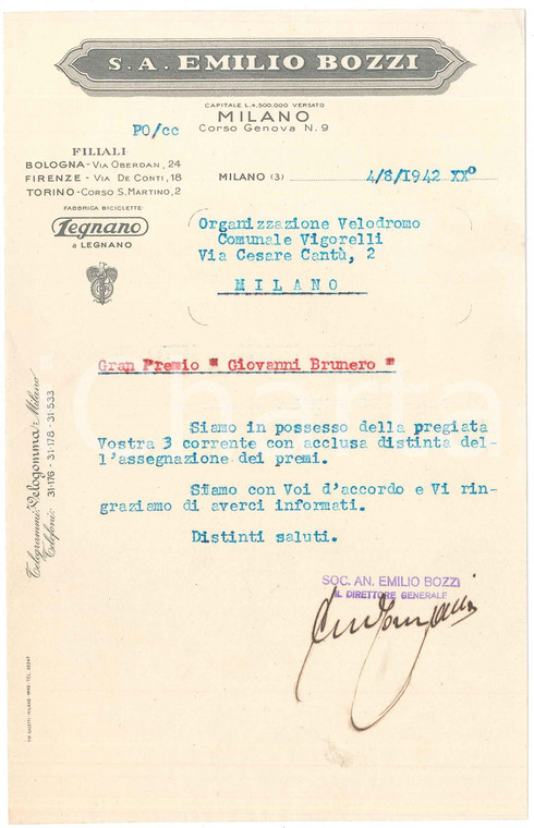 1942 CICLISMO MILANO Lettera S. A. Emilio BOZZI per Gran Premio BRUNERO
