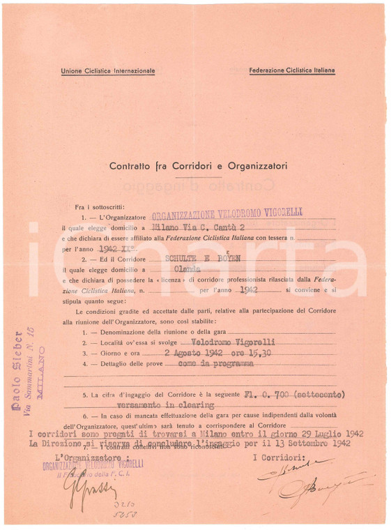 1942 CICLISMO MILANO - Contratto ingaggio SCHULTE BOEYEN - Autografi