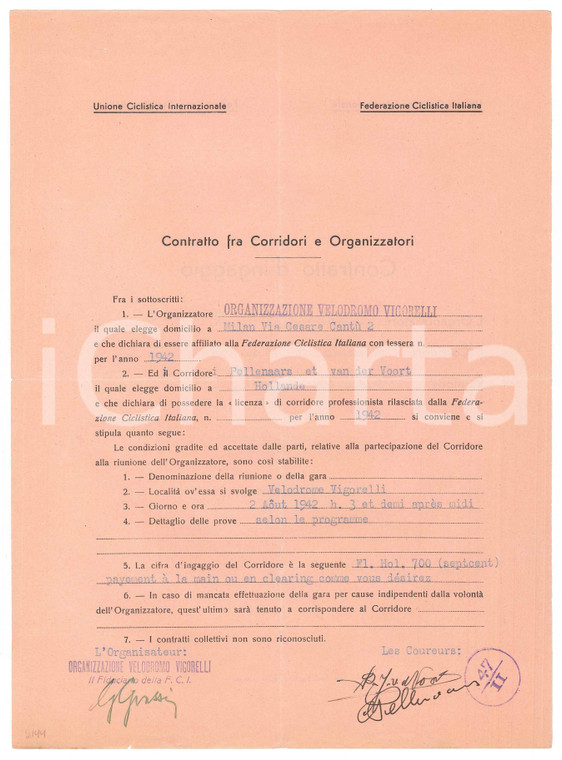 1942 CICLISMO MILANO - Contratto ingaggio PELLENAARS VAN DER VOORT - Autografi