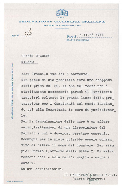 1938 CICLISMO ROMA CONI Lettera Mario FERRETTI su denominazione gare