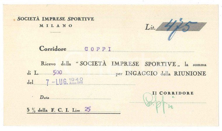 1940 CICLISMO MILANO Ricevuta Fausto COPPI - Ingaggio VIGORELLI Autografo