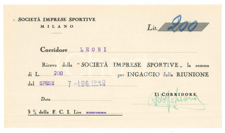 1940 CICLISMO MILANO Ricevuta Adolfo LEONI - Ingaggio VIGORELLI *Autografo