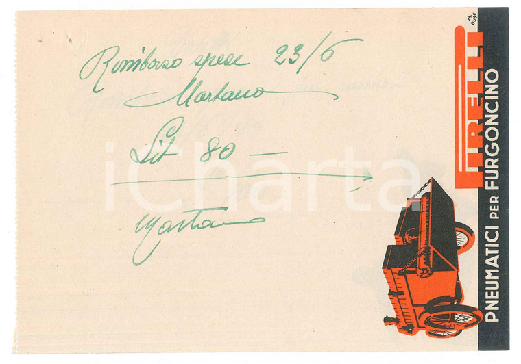 1940 ca CICLISMO Autografo Giuseppe MARTANO su ricevuta PIRELLI pneumatici