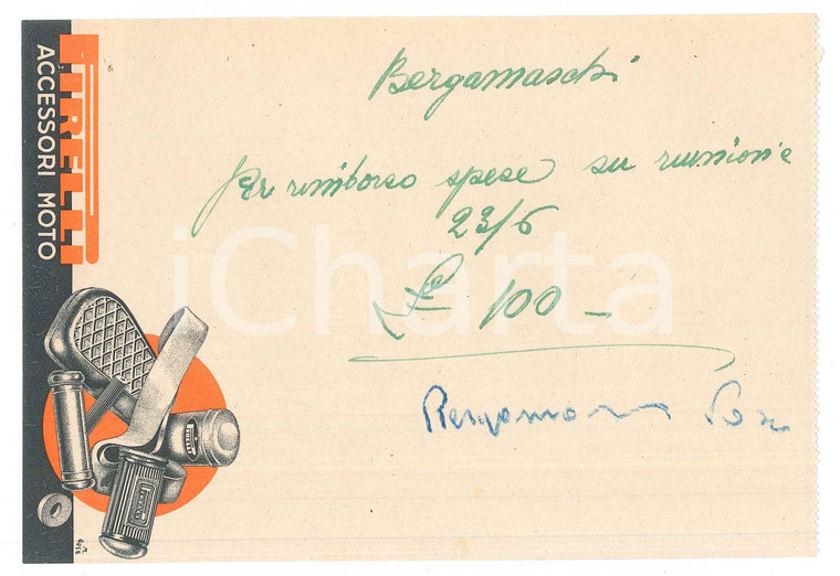 1940 ca CICLISMO Autografo Vasco BERGAMASCHI su ricevuta PIRELLI accessori moto