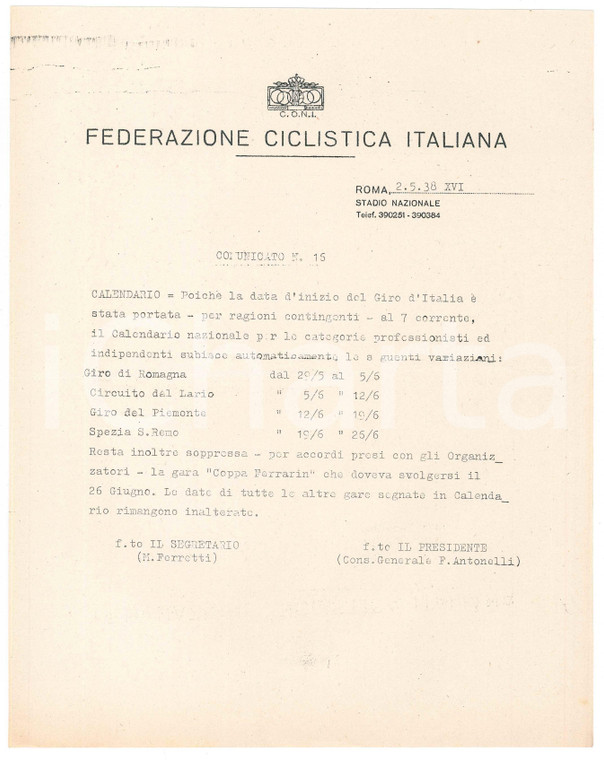 1938 CONI Federazione Ciclistica Italiana - Calendario gare CICLISMO Comunicato