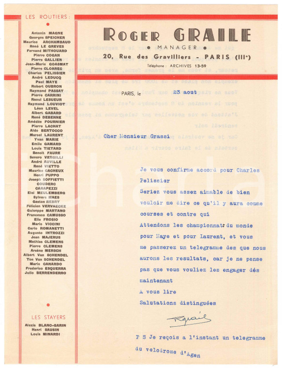 1938 PARIS CICLISMO Roger GRAILE su ingaggi PELISSIER MAYE e LAURENT *AUTOGRAFO
