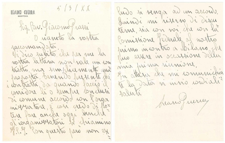 1942 CICLISMO MANTOVA Learco GUERRA "La lettera non vale un contratto" AUTOGRAFO