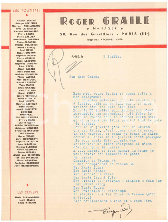 1938 PARIS CICLISMO Lettera Roger GRAILE pro René LE GREVES  *AUTOGRAFO
