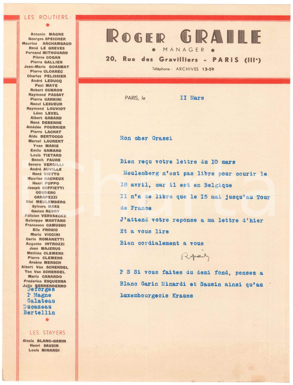1938 PARIS CICLISMO Roger GRAILE su Eloi MEULENBERG non libero *AUTOGRAFO