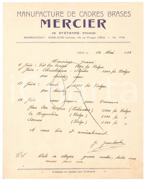 1938 LIEGI CICLISMO Lettera Guillaume GUERLACHE su ingaggio ciclisti - AUTOGRAFO