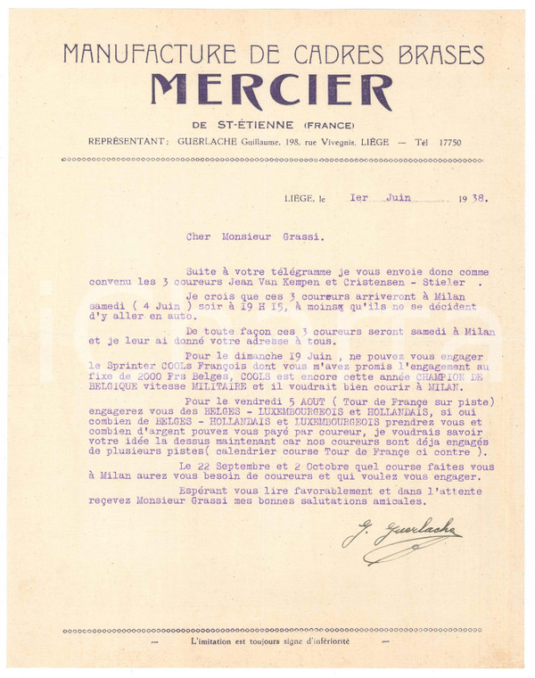 1938 LIEGI CICLISMO Guillaume GUERLACHE propone corridori belgi ^AUTOGRAFO
