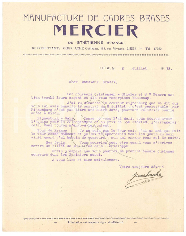 1938 LIEGI CICLISMO Guillaume GUERLACHE su contratto PIJNENBURG - AUTOGRAFO