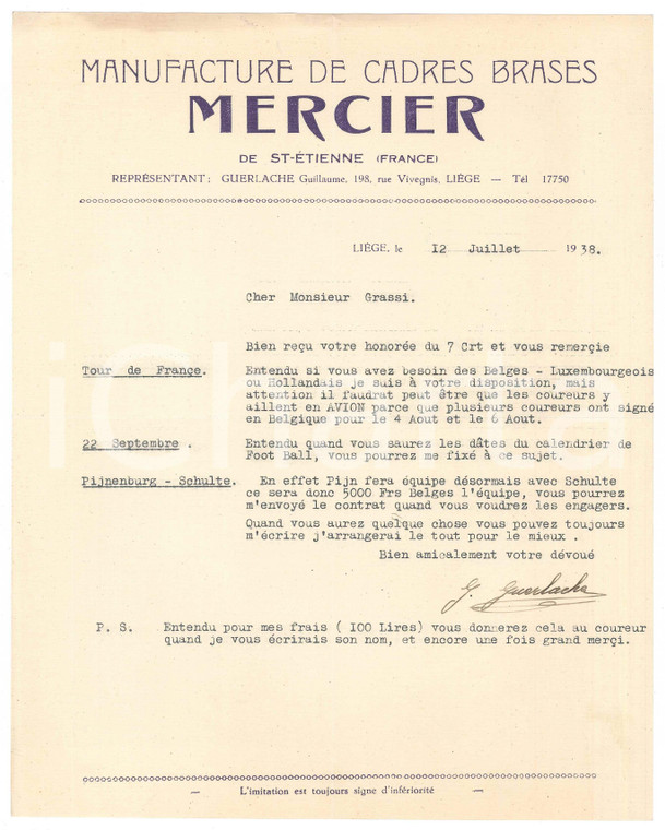1938 LIEGI CICLISMO Guillaume GUERLACHE chiede aereo per i ciclisti - AUTOGRAFO