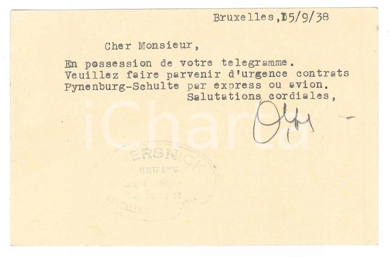 1938 BRUXELLES CICLISMO A. VERSNICK chiede invio contratti *AUTOGRAFO