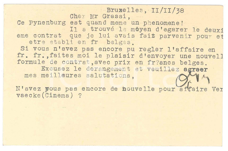 1938 BRUXELLES CICLISMO A. VERSNICK su contratto di Jan PYNENBURG *AUTOGRAFO