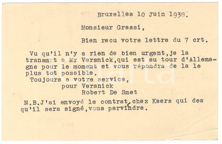 1938 BRUXELLES CICLISMO Cartolina A. VERSNICK - Robert DE SMET per contratti