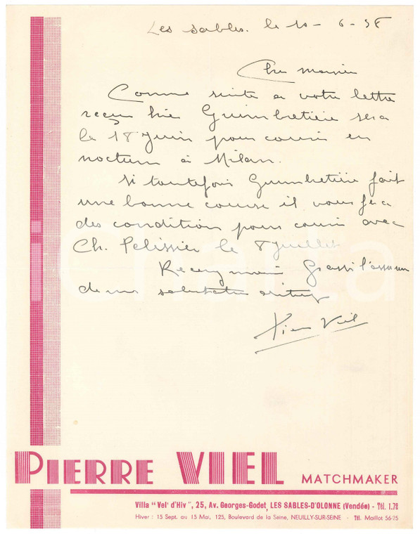1938 LES SABLES-D'OLONNE CICLISMO Pierre VIEL su Marcel GUIMBRETIERE a Milano