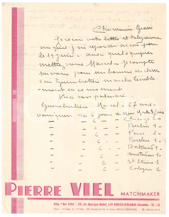 1938 LES SABLES-D'OLONNE CICLISMO Pierre VIEL su Marcel GUIMBRETIERE *AUTOGRAFO