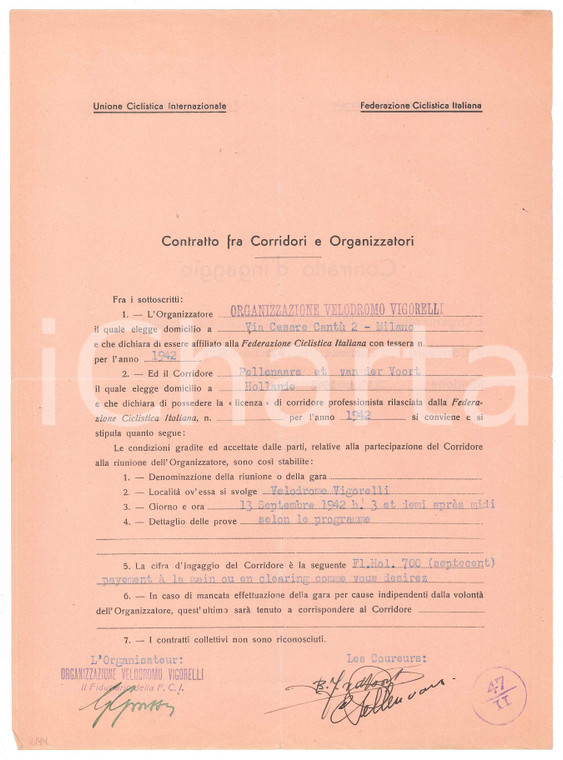 1942 CICLISMO MILANO - Contratto ingaggio PELLENAARS VAN DER VOORT ^Autografi