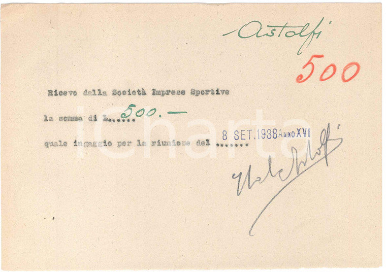 1938 CICLISMO MILANO Ricevuta Italo ASTOLFI per ingaggio al VIGORELLI *AUTOGRAFO