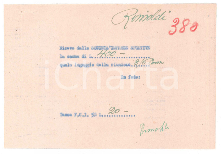 1940 ca CICLISMO COMO Ricevuta Pietro RIMOLDI per ingaggio - AUTOGRAFO