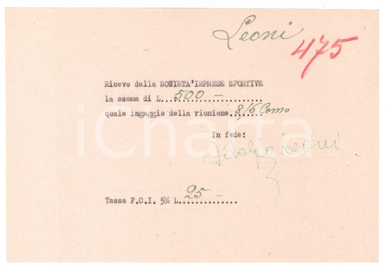 1940 ca CICLISMO COMO Ricevuta Adolfo LEONI per ingaggio - AUTOGRAFO