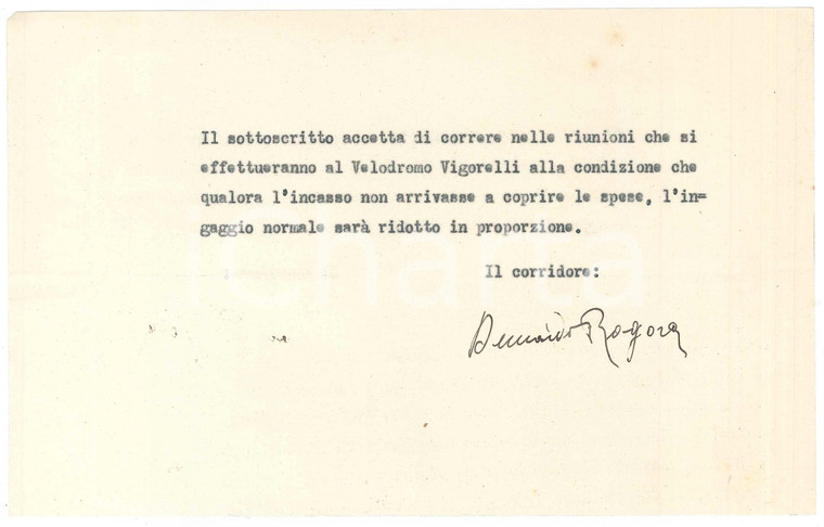 1940 CICLISMO Bernardo ROGORA accetta gara al Vigorelli con clausola AUTOGRAFO