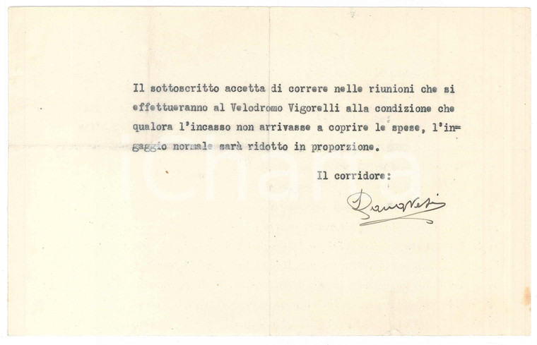 1940 CICLISMO Severino CANAVESI accetta gara al Vigorelli con clausola AUTOGRAFO