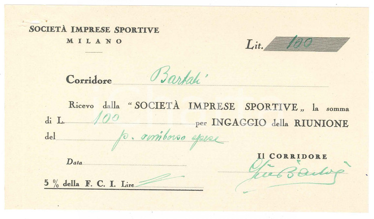 1940 ca CICLISMO MILANO Ricevuta Gino BARTALI - Ingaggio VIGORELLI ^Autografo