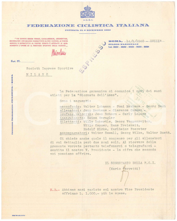 1940 CICLISMO ROMA Federazione Ciclistica Italiana ^Lettera "Giornata dell'Asse"