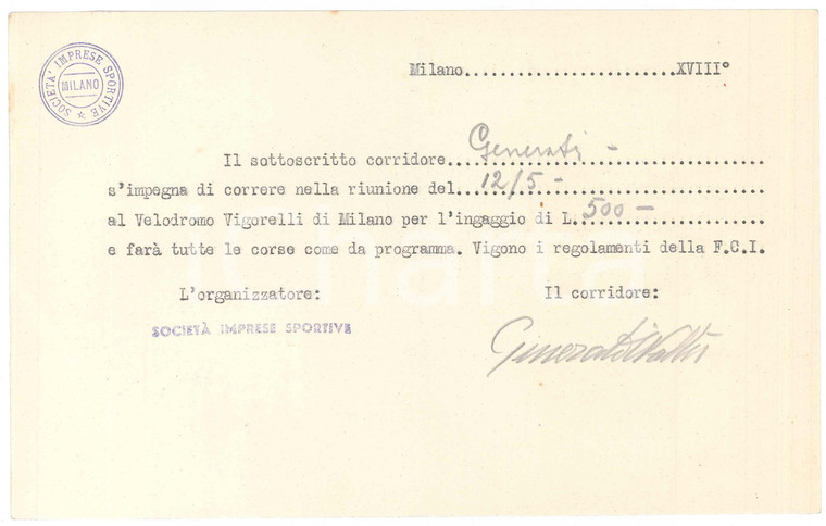 1940 CICLISMO MILANO Walter GENERATI conferma gara al VIGORELLI ^Autografo