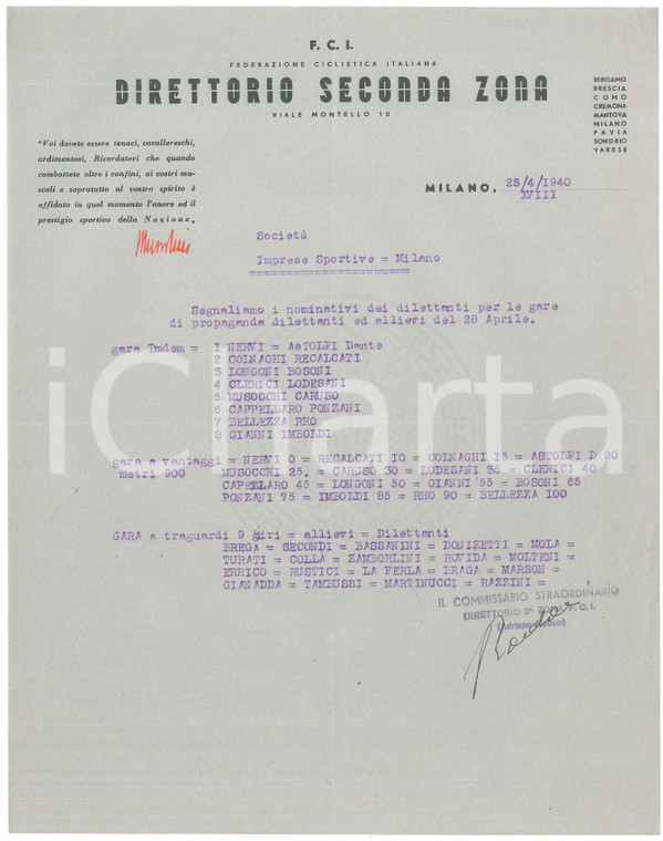 1940 CICLISMO MILANO Direttorio Seconda Zona - Lettera Adriano RODONI *AUTOGRAFO