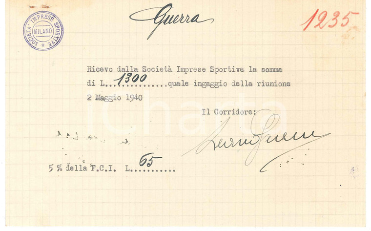 1940 CICLISMO MILANO Ricevuta Learco GUERRA per ingaggio al Vigorelli AUTOGRAFO