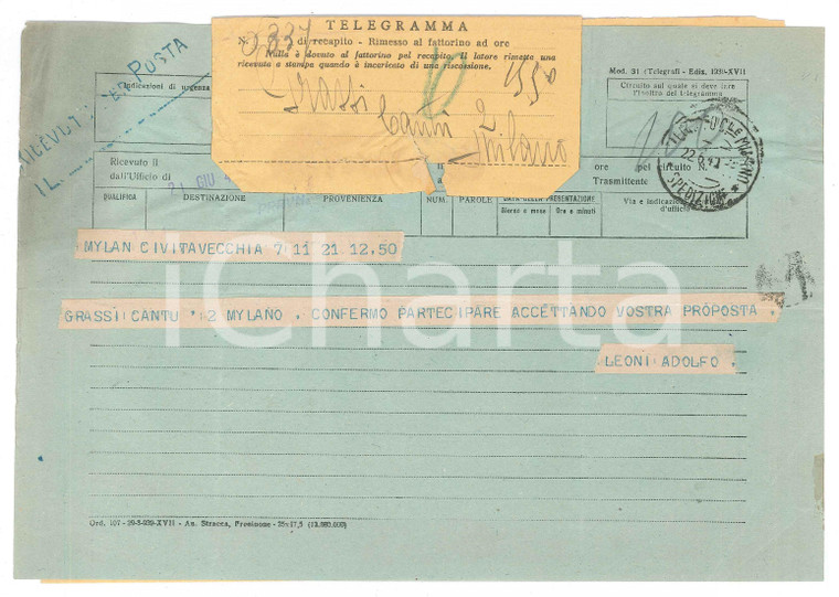 1941 CICLISMO - CIVITAVECCHIA Telegramma Adolfo LEONI per conferma gara