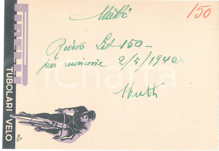 1940 CICLISMO Autografo Luigi MUTTI su ricevuta PIRELLI tubolari velo