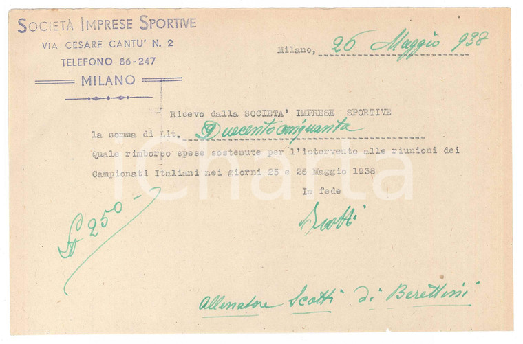 1938 CICLISMO MILANO Ricevuta Alfredo SCOTTI allenatore per spese *AUTOGRAFO