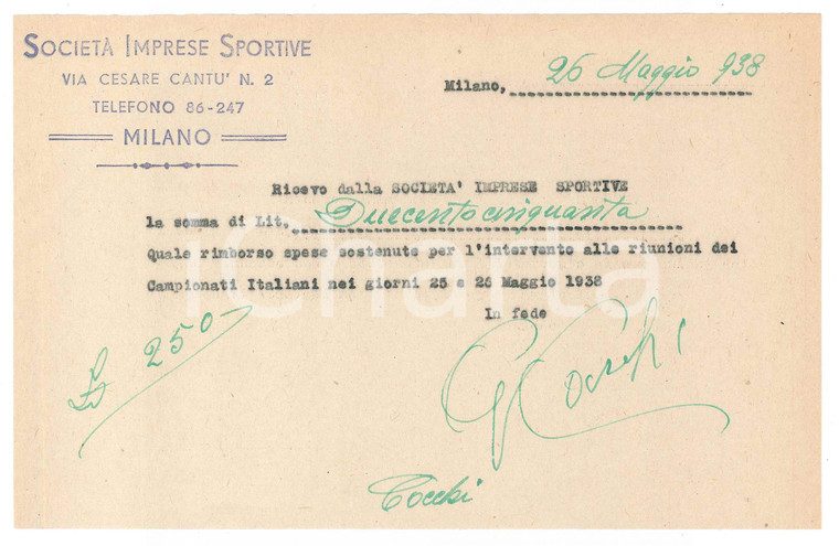 1938 CICLISMO MILANO Ricevuta Giovanni COCCHI per rimborso spese *AUTOGRAFO