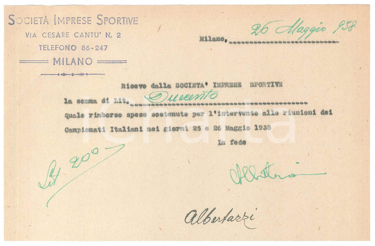 1938 CICLISMO MILANO Ricevuta ALBERTAZZI rimborso spese *AUTOGRAFO