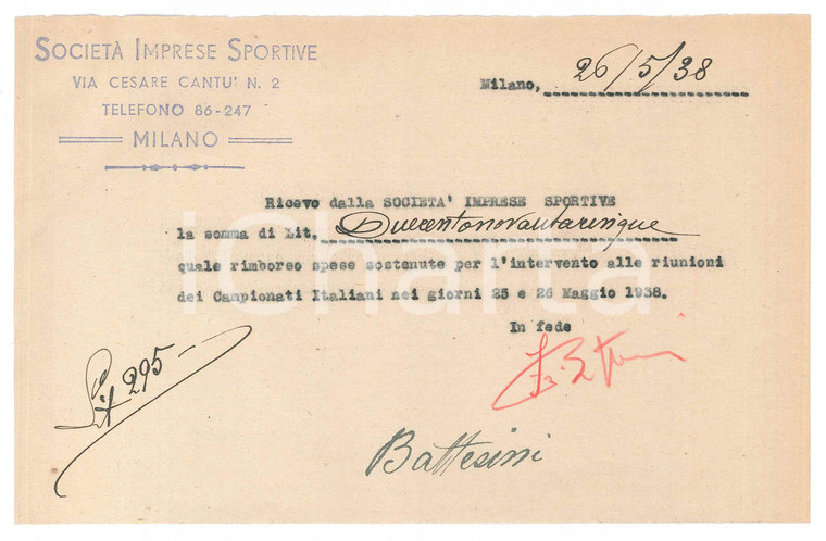 1938 CICLISMO MILANO Ricevuta Fabio BATTESINI per rimborso spese *AUTOGRAFO