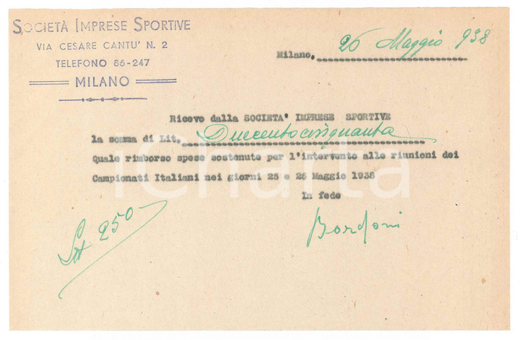1938 CICLISMO MILANO Ricevuta Adolfo BORDONI per rimborso spese *AUTOGRAFO