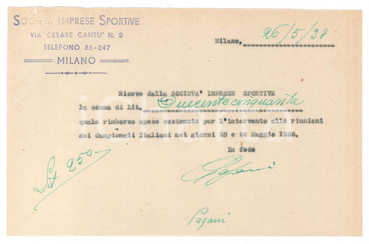 1938 CICLISMO MILANO Ricevuta Antonio PAGANI per rimborso spese *AUTOGRAFO