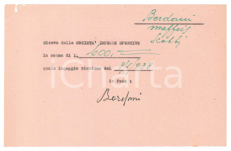 1938 CICLISMO MILANO Ricevuta Adolfo BORDONI per ingaggio Vigorelli *AUTOGRAFO