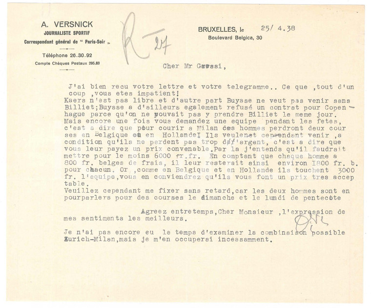 1938 BRUXELLES CICLISMO A. VERSNICK su ingaggio corridori a Milano *AUTOGRAFO
