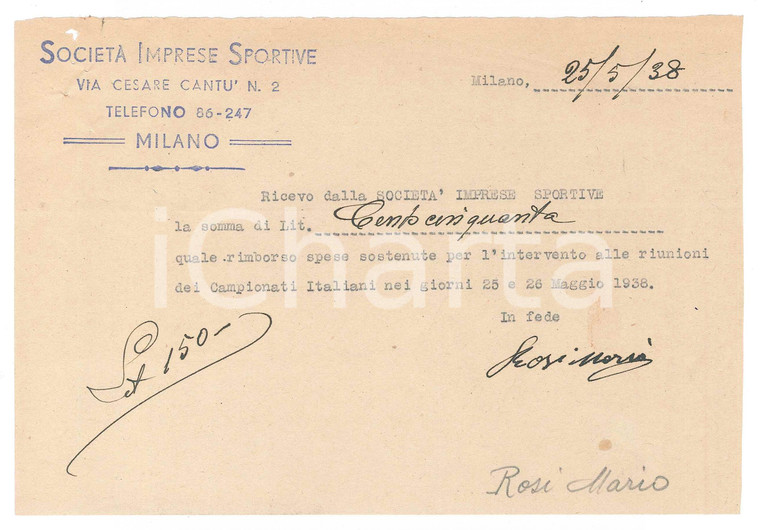 1938 CICLISMO MILANO Ricevuta Mario ROSI rimborso spese *AUTOGRAFO