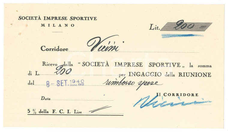 1940 CICLISMO MILANO VIGORELLI Ricevuta Mario VICINI per una corsa AUTOGRAFO