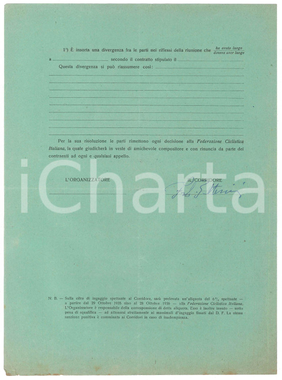 1938 CICLISMO MILANO VIGORELLI - Contratto ingaggio Fabio BATTESINI - Autografo